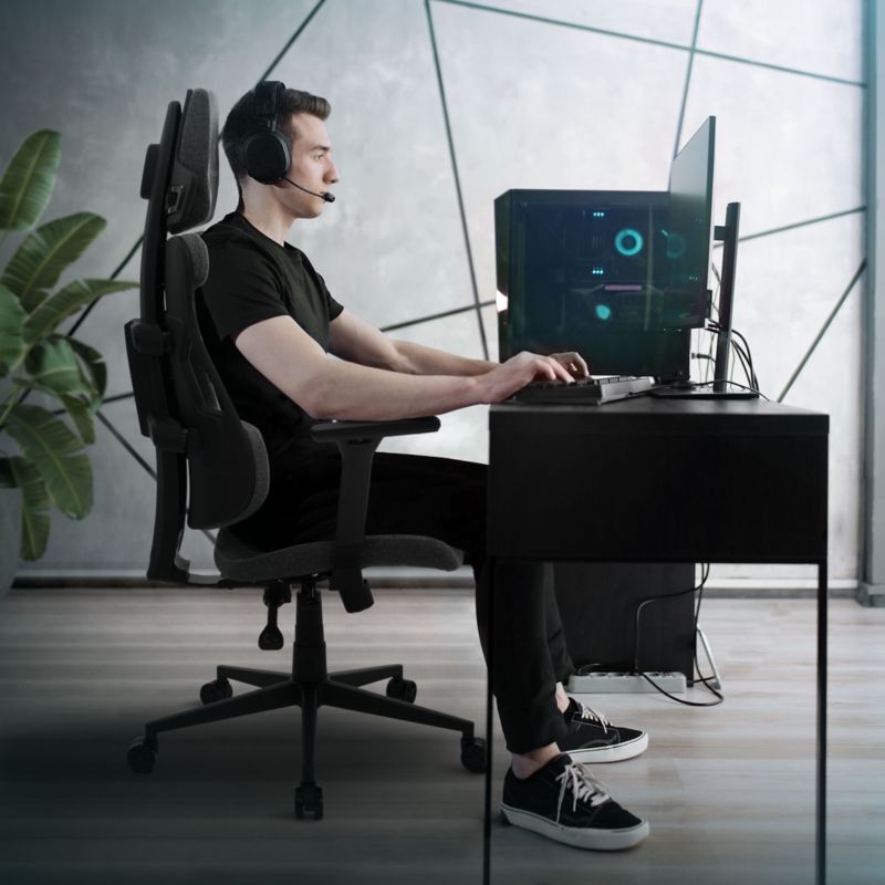 Fotel dla graczy ML Design ergonomiczny tkanina szary krzesło komputerowe podłokietniki 3d zagłówek obrotowe salon 1 szt.
