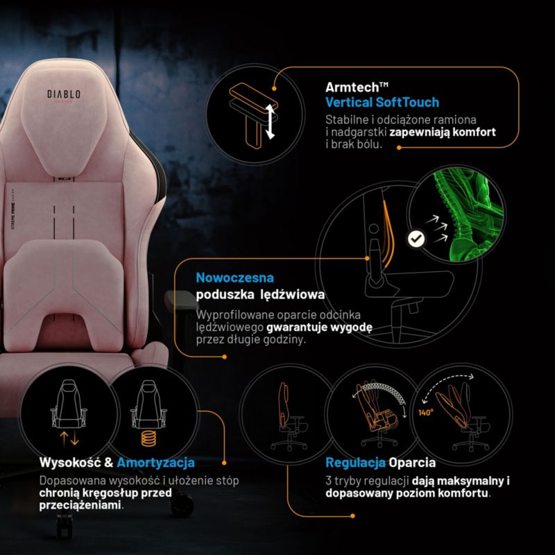 Fotel gamingowy biurowy z chłodzeniem Diablo X-One Prime różowy 1 szt