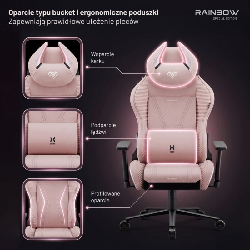 Fotel gamingowy różowy materiałowy DIABLO CHAIRS X-Horn 2.0 Rainbow Pink Normal 1szt