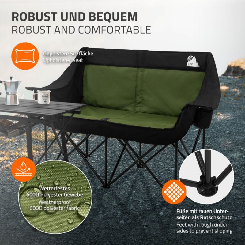 Fotel kempingowy ECD Germany podwójny khaki krzesło outdoor 2 osobowe składana sofa turystyczna uchwyty napoje torba 1 szt.