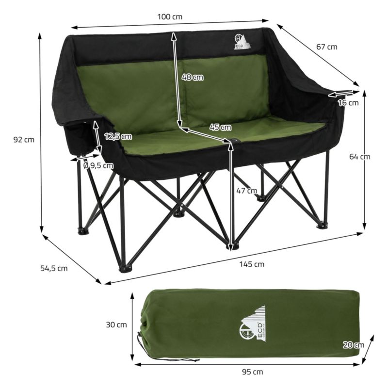 Fotel kempingowy ECD Germany podwójny khaki krzesło outdoor 2 osobowe składana sofa turystyczna uchwyty napoje torba 1 szt.