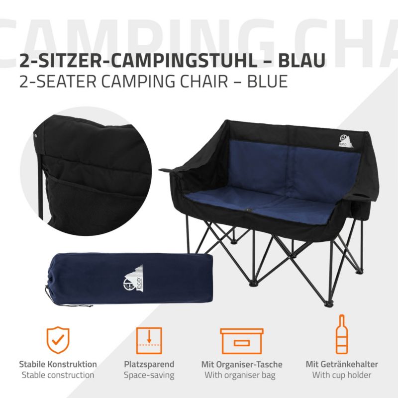 Fotel kempingowy ECD Germany podwójny niebieski krzesło outdoor 2 osobowe składana sofa turystyczna uchwyty napoje torba 1 szt.