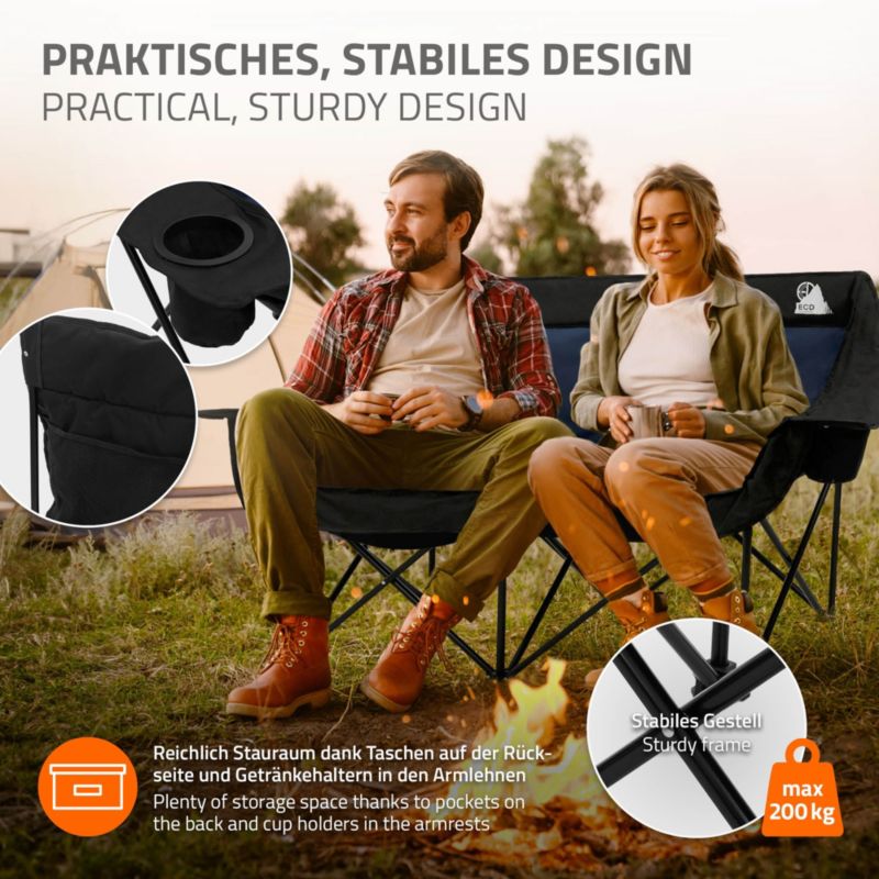 Fotel kempingowy ECD Germany podwójny niebieski krzesło outdoor 2 osobowe składana sofa turystyczna uchwyty napoje torba 1 szt.