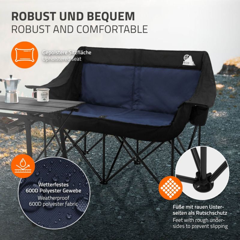Fotel kempingowy ECD Germany podwójny niebieski krzesło outdoor 2 osobowe składana sofa turystyczna uchwyty napoje torba 1 szt.