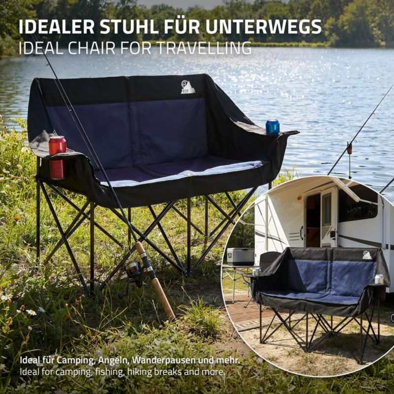 Fotel kempingowy ECD Germany podwójny niebieski krzesło outdoor 2 osobowe składana sofa turystyczna uchwyty napoje torba 1 szt.