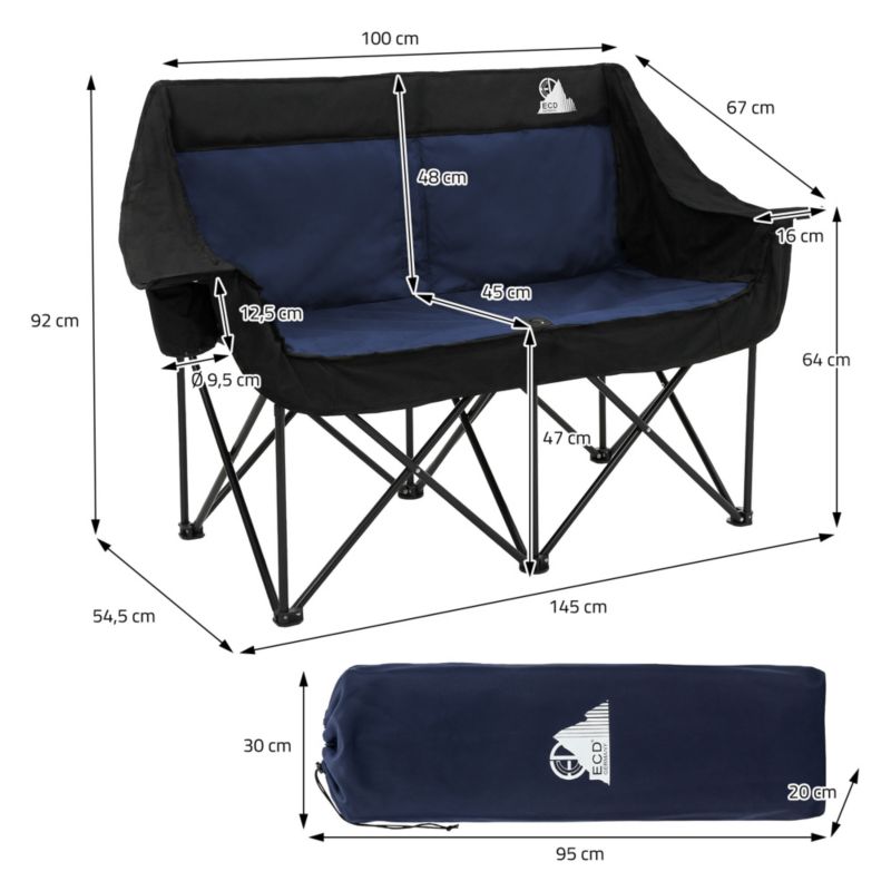 Fotel kempingowy ECD Germany podwójny niebieski krzesło outdoor 2 osobowe składana sofa turystyczna uchwyty napoje torba 1 szt.
