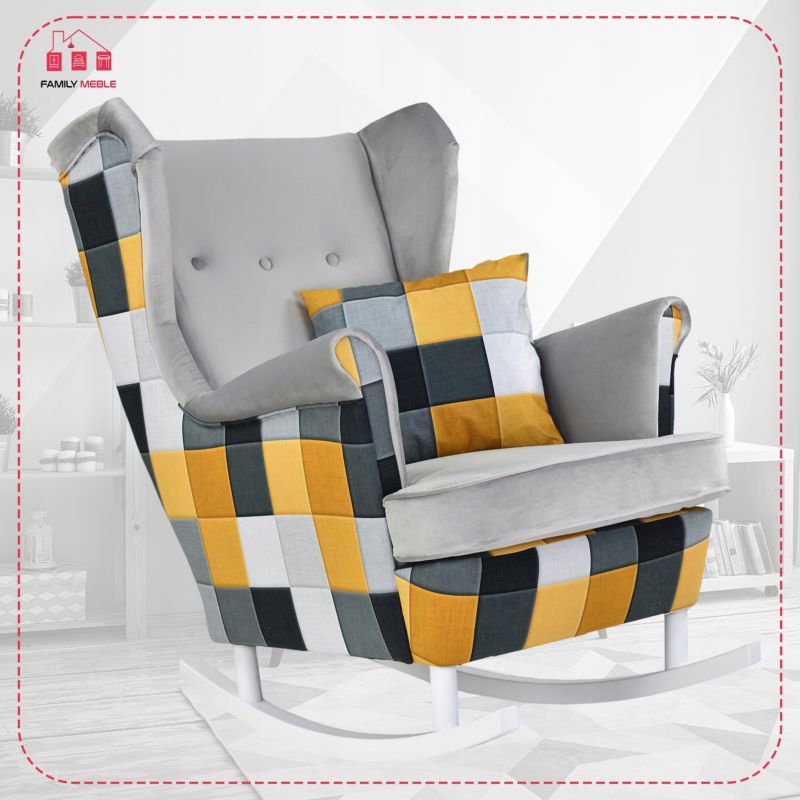 Fotel uszak do salonu bujany Family Meble Ari Print Duo kratka żółta 1szt