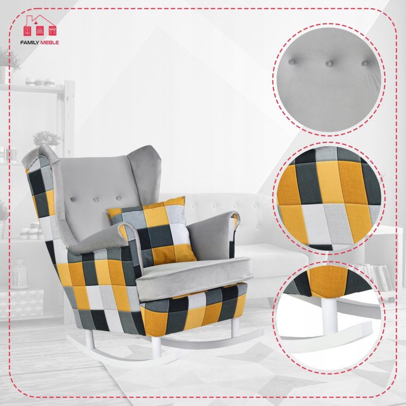 Fotel uszak do salonu bujany Family Meble Ari Print Duo kratka żółta 1szt