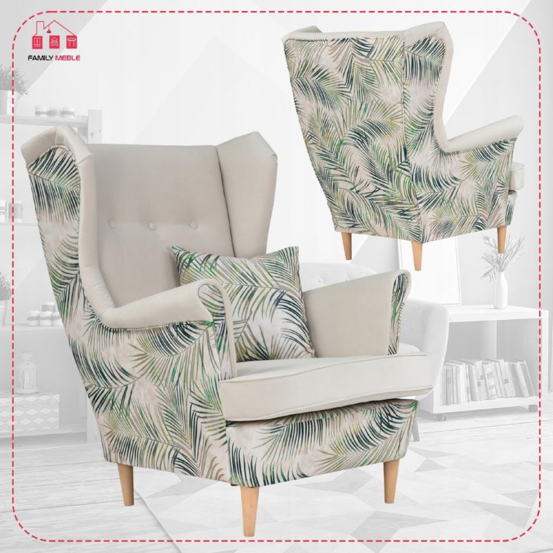 Fotel uszak do salonu Family Meble Ari Print Duo beżowy liście 1szt