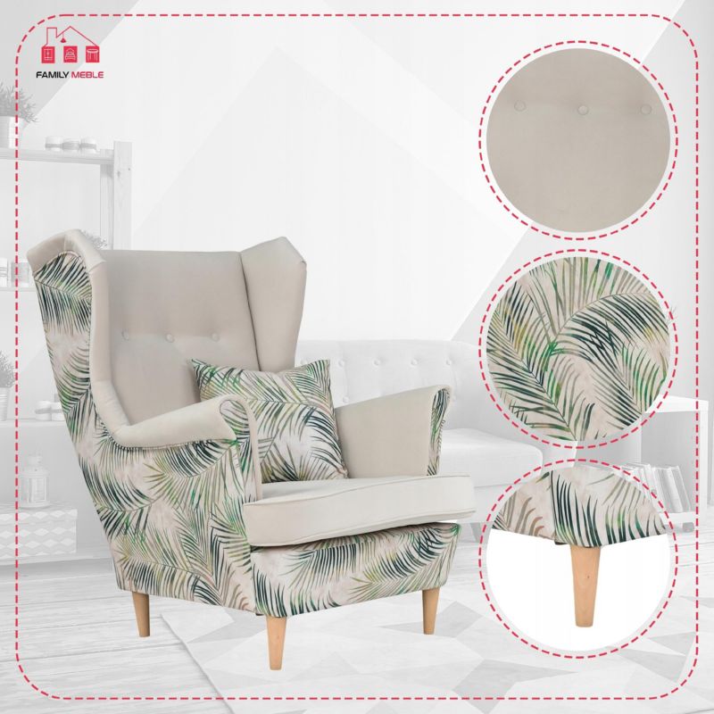 Fotel uszak do salonu Family Meble Ari Print Duo beżowy liście 1szt