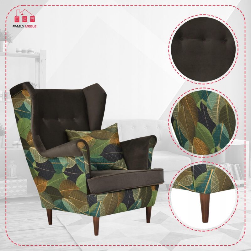 Fotel uszak do salonu Family Meble Ari Print Duo brązowo zielony 1szt