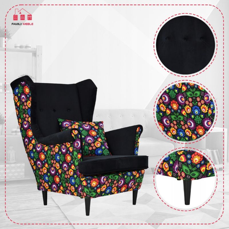 Fotel uszak do salonu Family Meble Ari Print Duo czarny 1szt