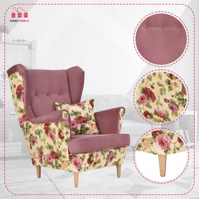 Fotel uszak do salonu Family Meble Ari Print Duo róże kwiaty 1szt