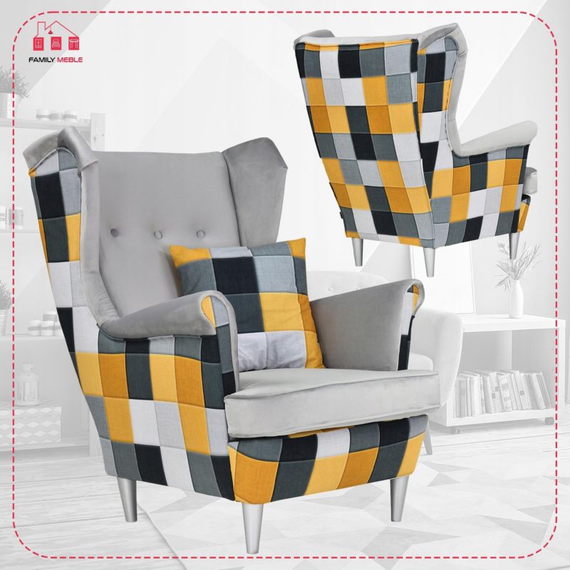 Fotel uszak do salonu Family Meble Ari Print Duo  szary kratka 1szt