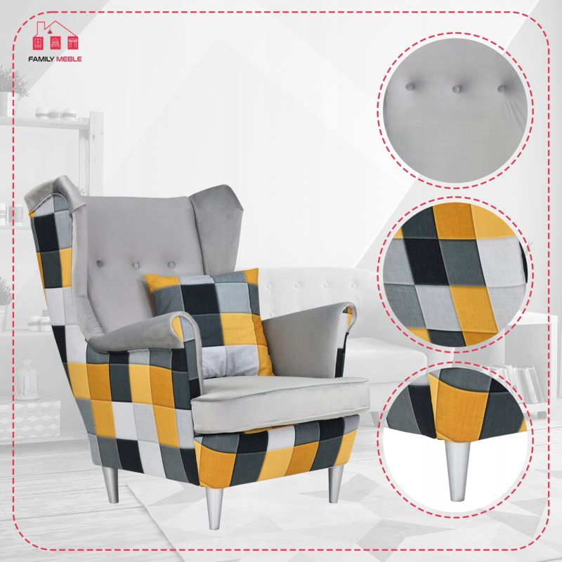 Fotel uszak do salonu Family Meble Ari Print Duo  szary kratka 1szt