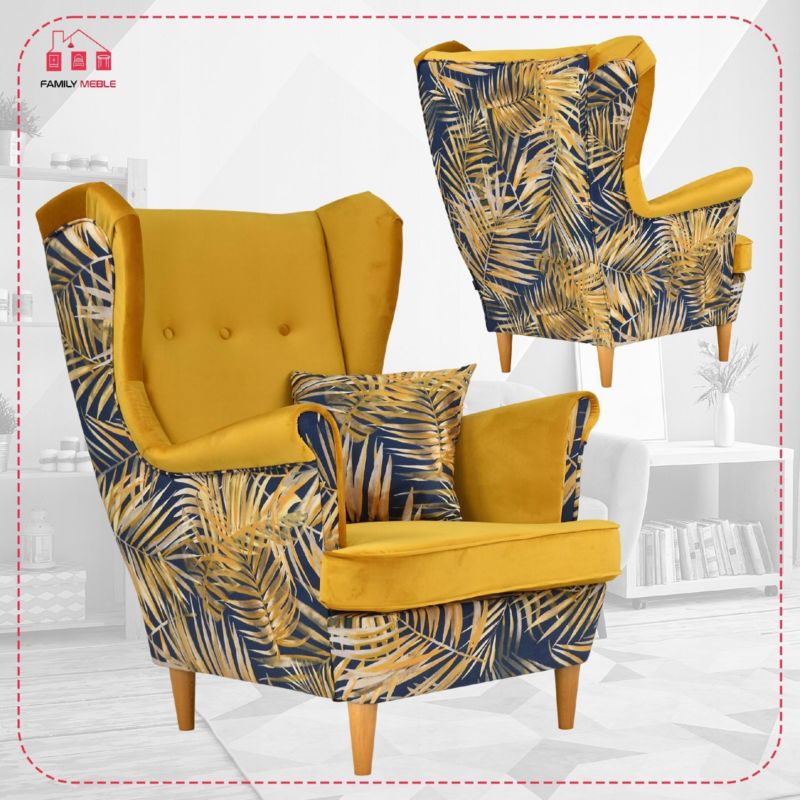 Fotel uszak do salonu Family Meble Ari Print Duo  żółty liście 1szt