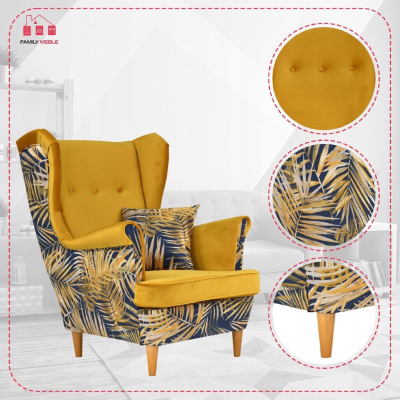 Fotel uszak do salonu Family Meble Ari Print Duo  żółty liście 1szt