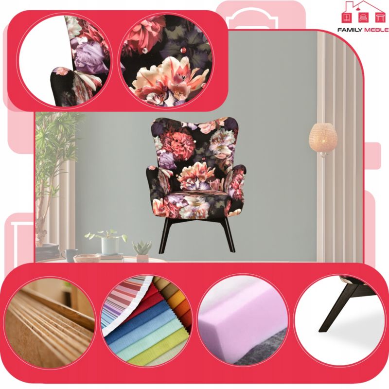 Fotel uszak do salonu Family Meble Luna Print piwonie  1szt