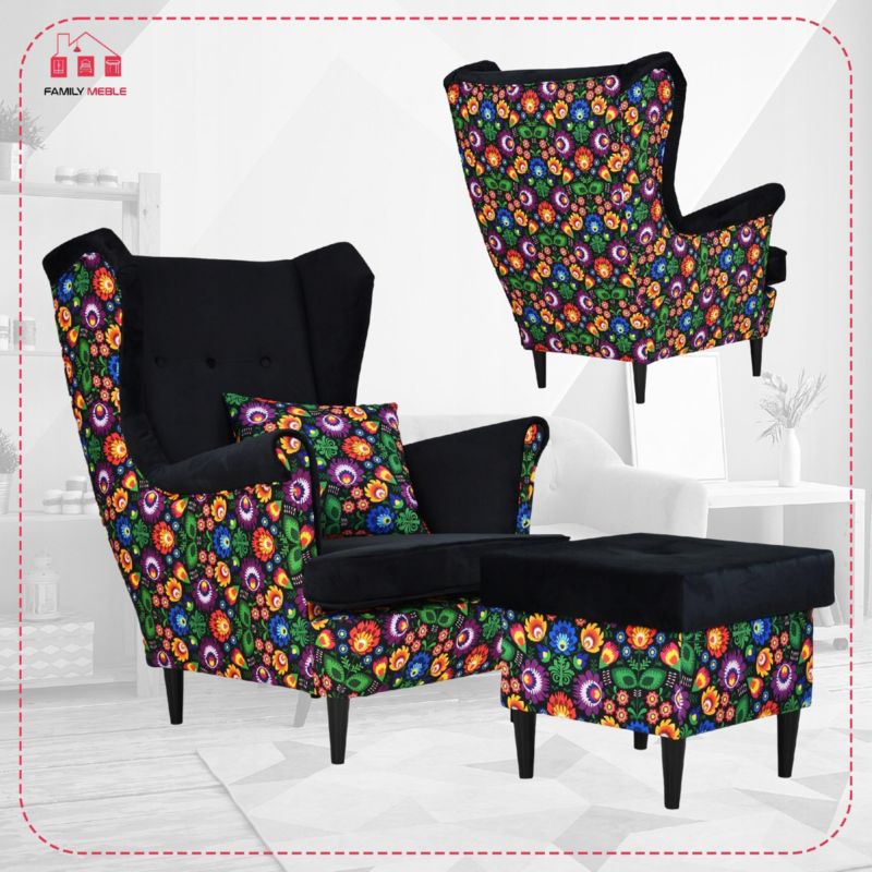 Fotel uszak do salonu z podnóżkiem Family Meble Ari Print Duo kolorowy  1szt