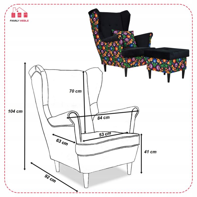 Fotel uszak do salonu z podnóżkiem Family Meble Ari Print Duo kolorowy  1szt