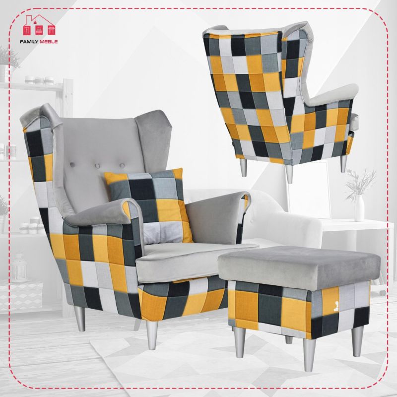 Fotel uszak do salonu z podnóżkiem Family Meble Ari Print Duo kratka 1szt