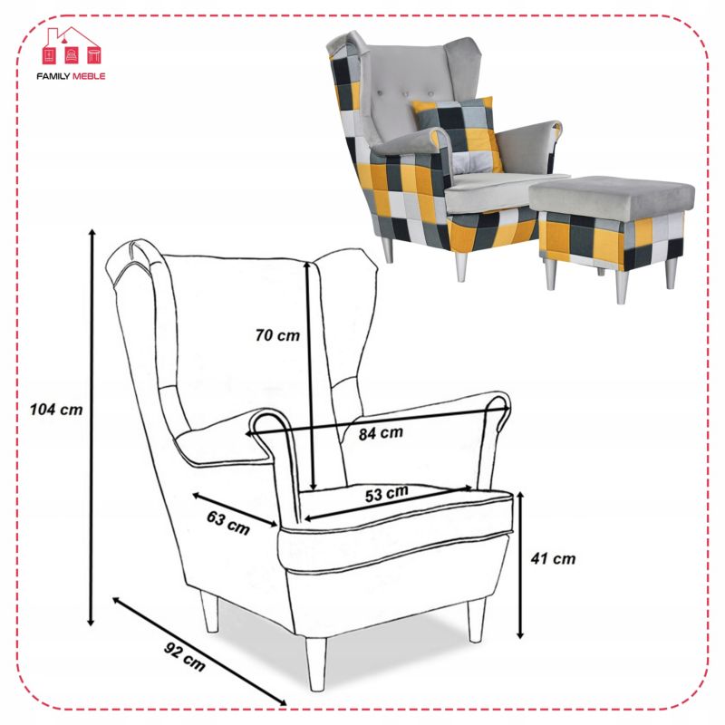 Fotel uszak do salonu z podnóżkiem Family Meble Ari Print Duo kratka 1szt