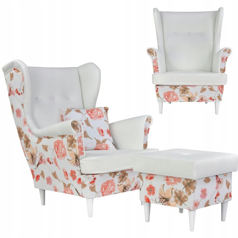 Fotel uszak do salonu z podnóżkiem Family Meble Ari Print Duo róże  1szt