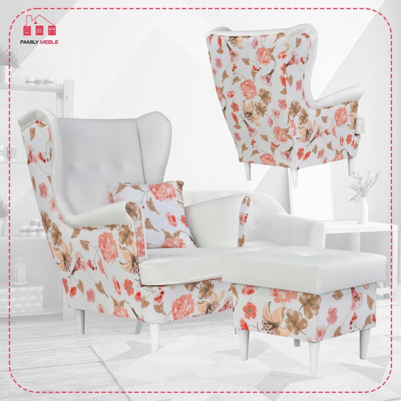 Fotel uszak do salonu z podnóżkiem Family Meble Ari Print Duo róże  1szt