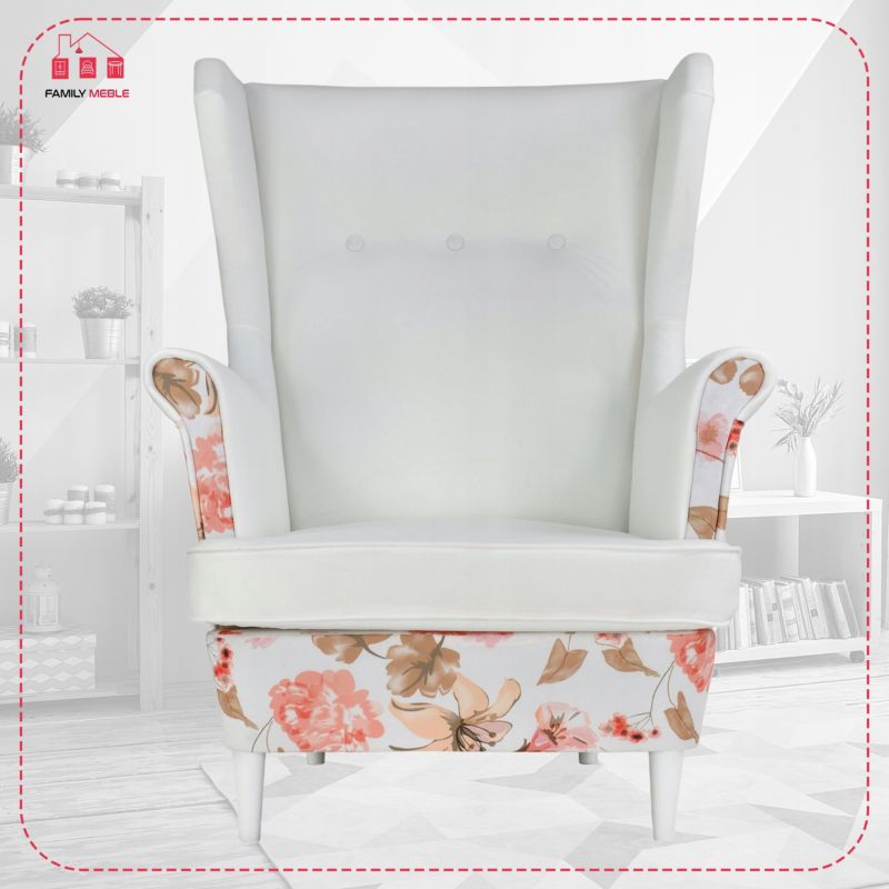 Fotel uszak do salonu z podnóżkiem Family Meble Ari Print Duo róże  1szt