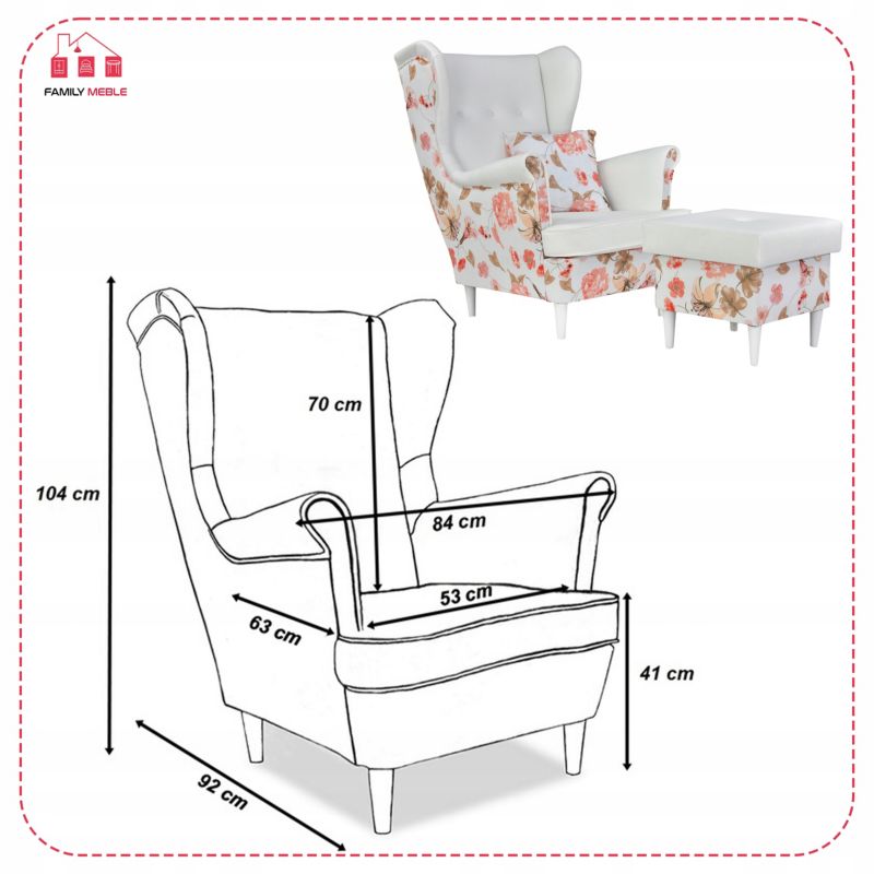 Fotel uszak do salonu z podnóżkiem Family Meble Ari Print Duo róże  1szt