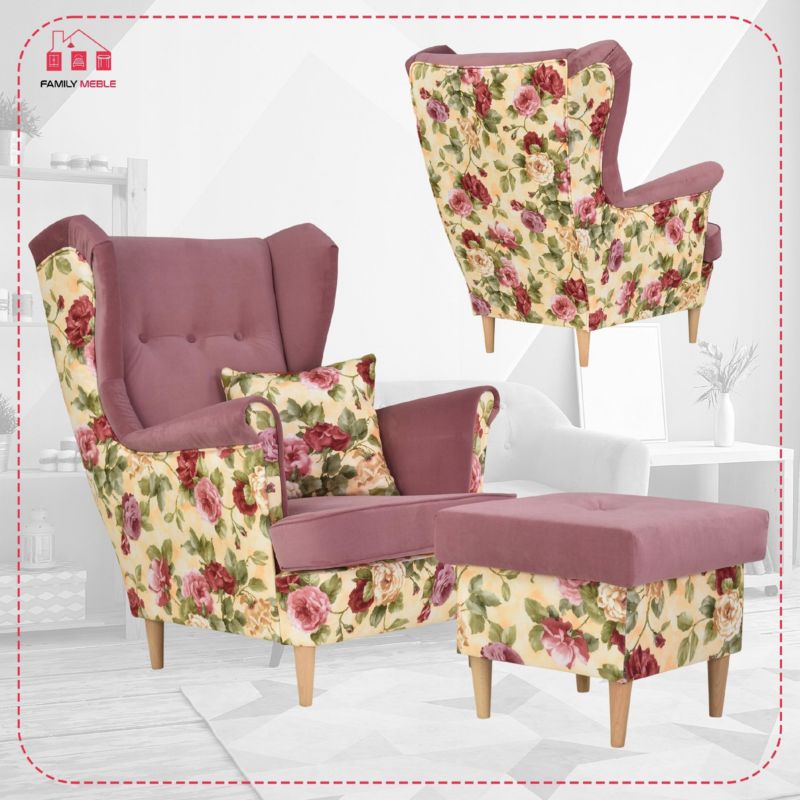 Fotel uszak do salonu z podnóżkiem Family Meble Ari Print Duo różowe kwiaty 1szt