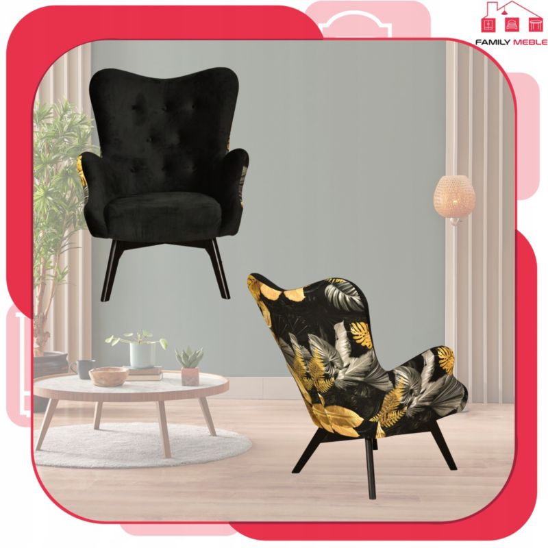 Fotel uszak do salonu z podnóżkiem Family Meble Luna Print Duo czarny 1szt