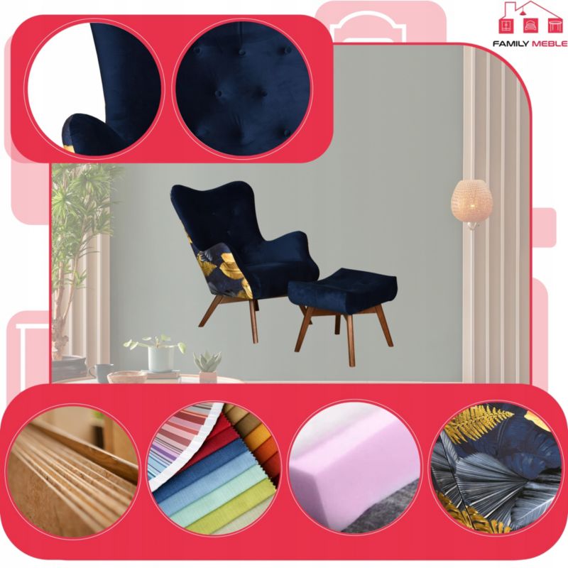 Fotel uszak do salonu z podnóżkiem Family Meble Luna Print Duo kobalt 1szt