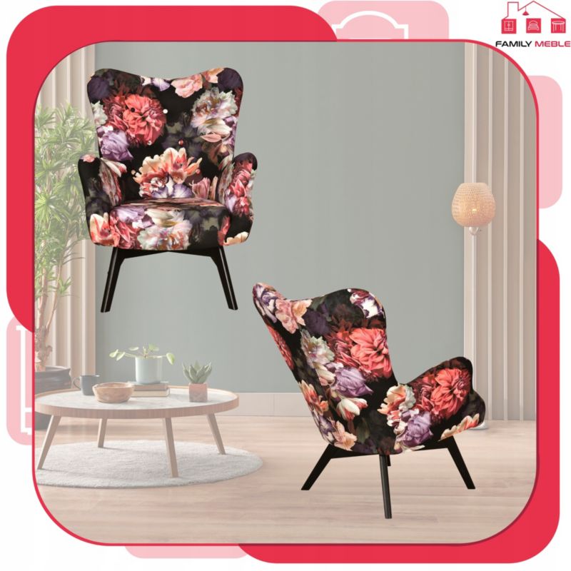 Fotel uszak do salonu z podnóżkiem Family Meble Luna Print Duo piwonie 1szt
