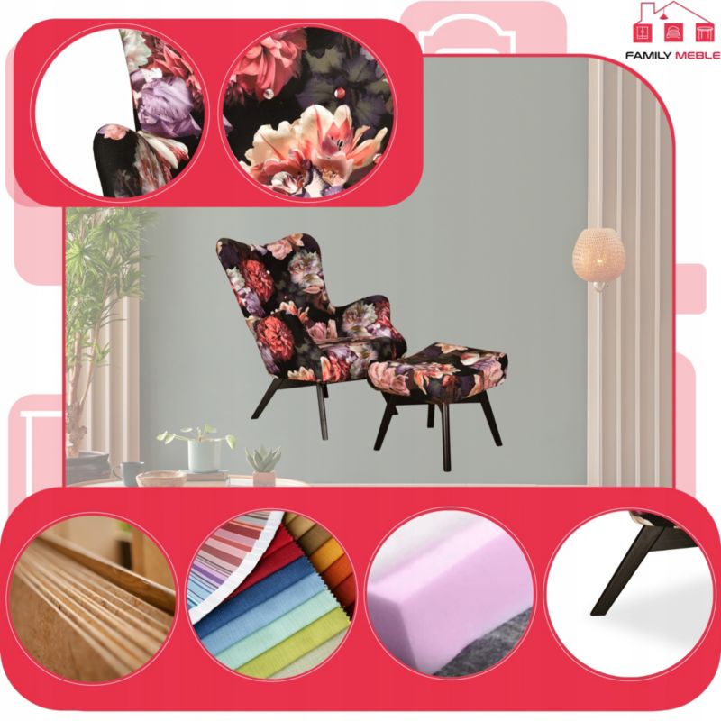 Fotel uszak do salonu z podnóżkiem Family Meble Luna Print Duo piwonie 1szt
