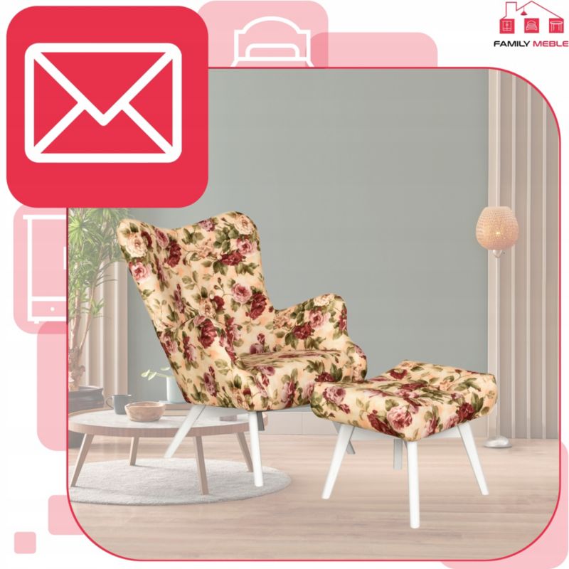 Fotel uszak do salonu z podnóżkiem Family Meble Luna Print Duo róże 1szt