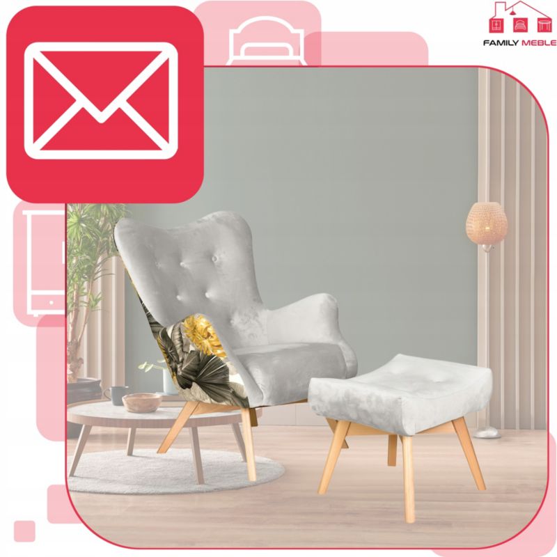 Fotel uszak do salonu z podnóżkiem Family Meble Luna Print Duo szary 1szt