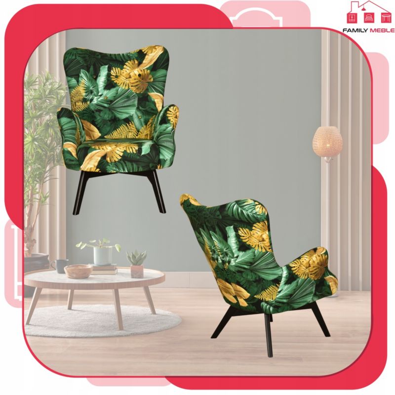 Fotel uszak do salonu z podnóżkiem Family Meble Luna Print  liście monstera 1szt