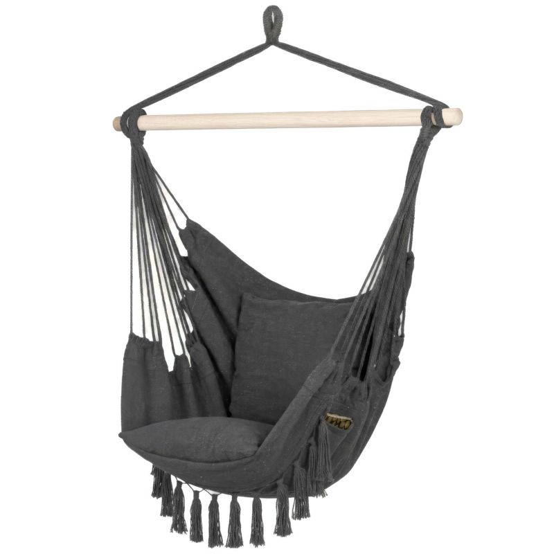 Fotel wiszący Springos z poduszkami fotel brazylijski z frędzlami boho ciemnoszary 1 szt.