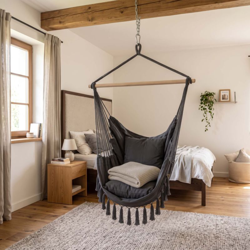 Fotel wiszący Springos z poduszkami fotel brazylijski z frędzlami boho ciemnoszary 1 szt.