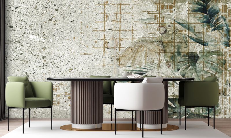 Fototapeta Feeby Beton Papuga Ptak Liście Monstera Zielony  100x70 1 szt