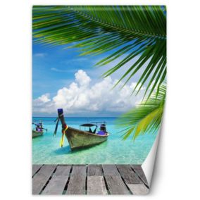 Fototapeta Feeby Łódka tropikalna plaża palmy  150x210 1 szt