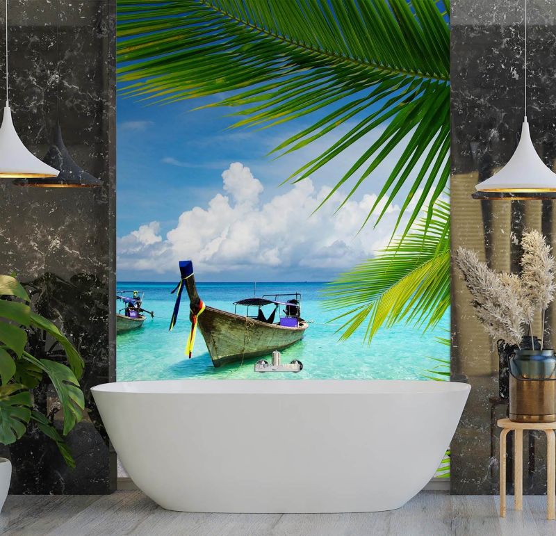 Fototapeta Feeby Łódka tropikalna plaża palmy  150x210 1 szt