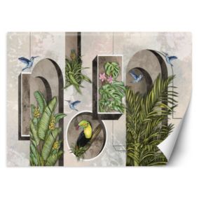 Fototapeta Feeby Kształty w ścianie z roślinami i ptakami tukan koliber  200x140 1 szt