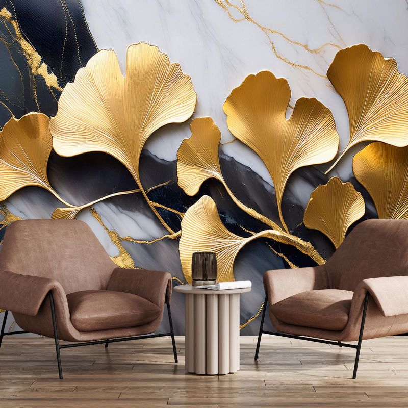 Fototapeta Feeby Kwiaty Ginko Botanika Marmur Szaro Złoty  350x245 1 szt