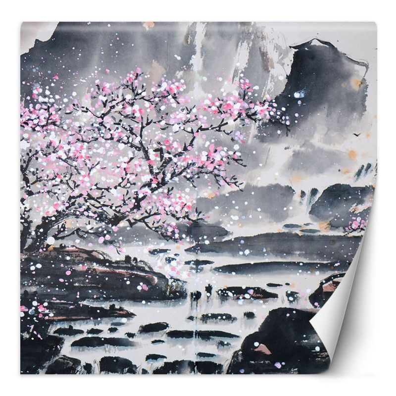 Fototapeta Feeby Kwitnące drzewo wiśni na tle gór  250x250 1 szt