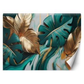 Fototapeta Feeby Liście Monstery Złoty Turkusowy Marmur  350x245 1 szt