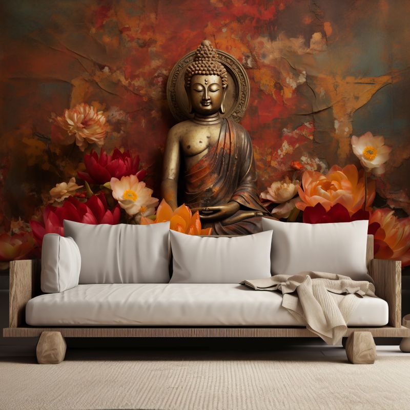 Fototapeta Feeby Medytujący Budda i kolorowe kwiaty  200x140 1 szt