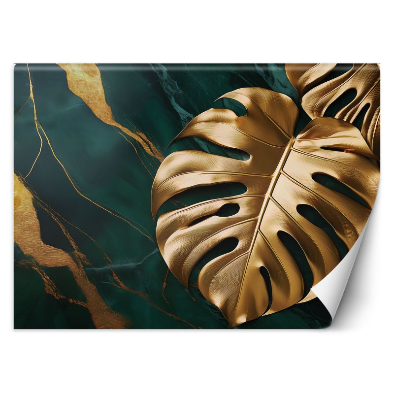 Fototapeta Feeby Monstera Złoty Liść Na Tle Zielonego Marmuru  200x140 1 szt