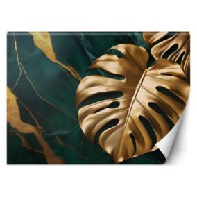 Fototapeta Feeby Monstera Złoty Liść Na Tle Zielonego Marmuru  200x140 1 szt